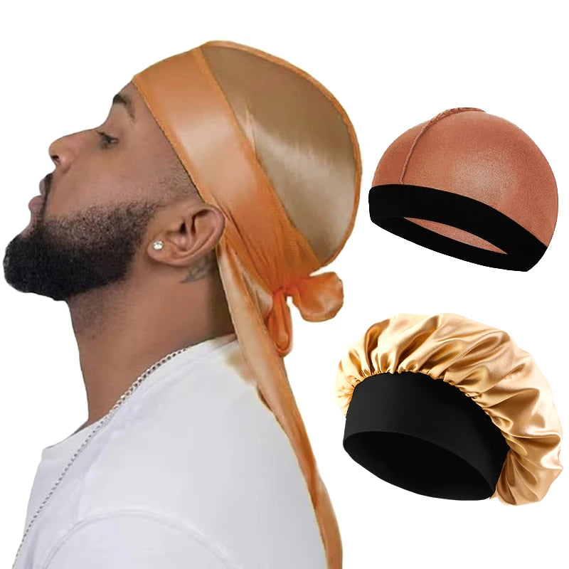 Silky Satin Durag Long Tail Wave Cap – 3PCS Unisex Turban Bonnet