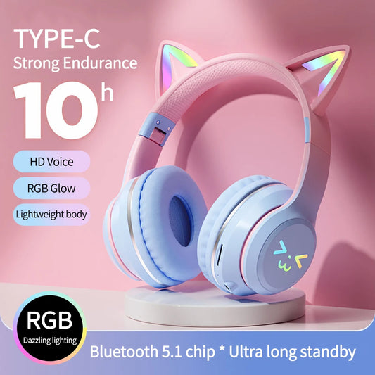 Gradient Wireless Headphones RGB Cute Cat Ear Bluetooth Earphones with Microphone