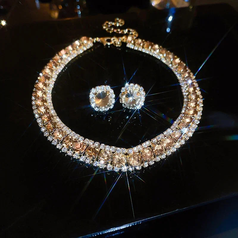 Women Crystal Necklace Earrings Set
