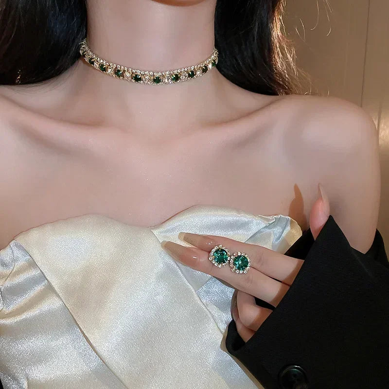 Women Crystal Necklace Earrings Set