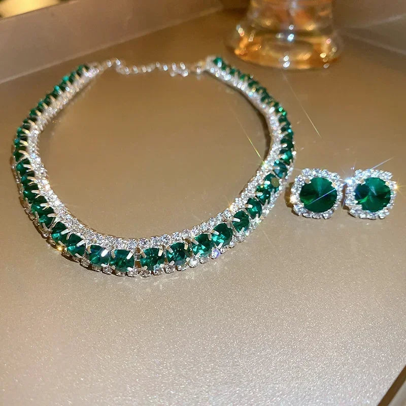 Women Crystal Necklace Earrings Set