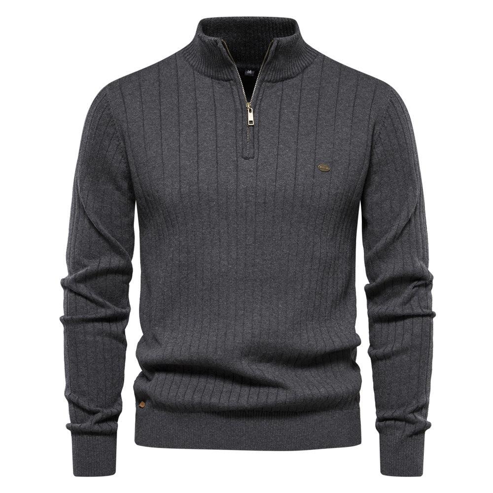 Men'S Stand Collar Sweater Fashion Half-Zipper Solid Color Striped Knit Sweater High Quality Slim Fit Top Clothing
