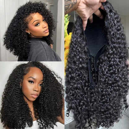Collage of a woman with styled hair and close-up of hair extensions.