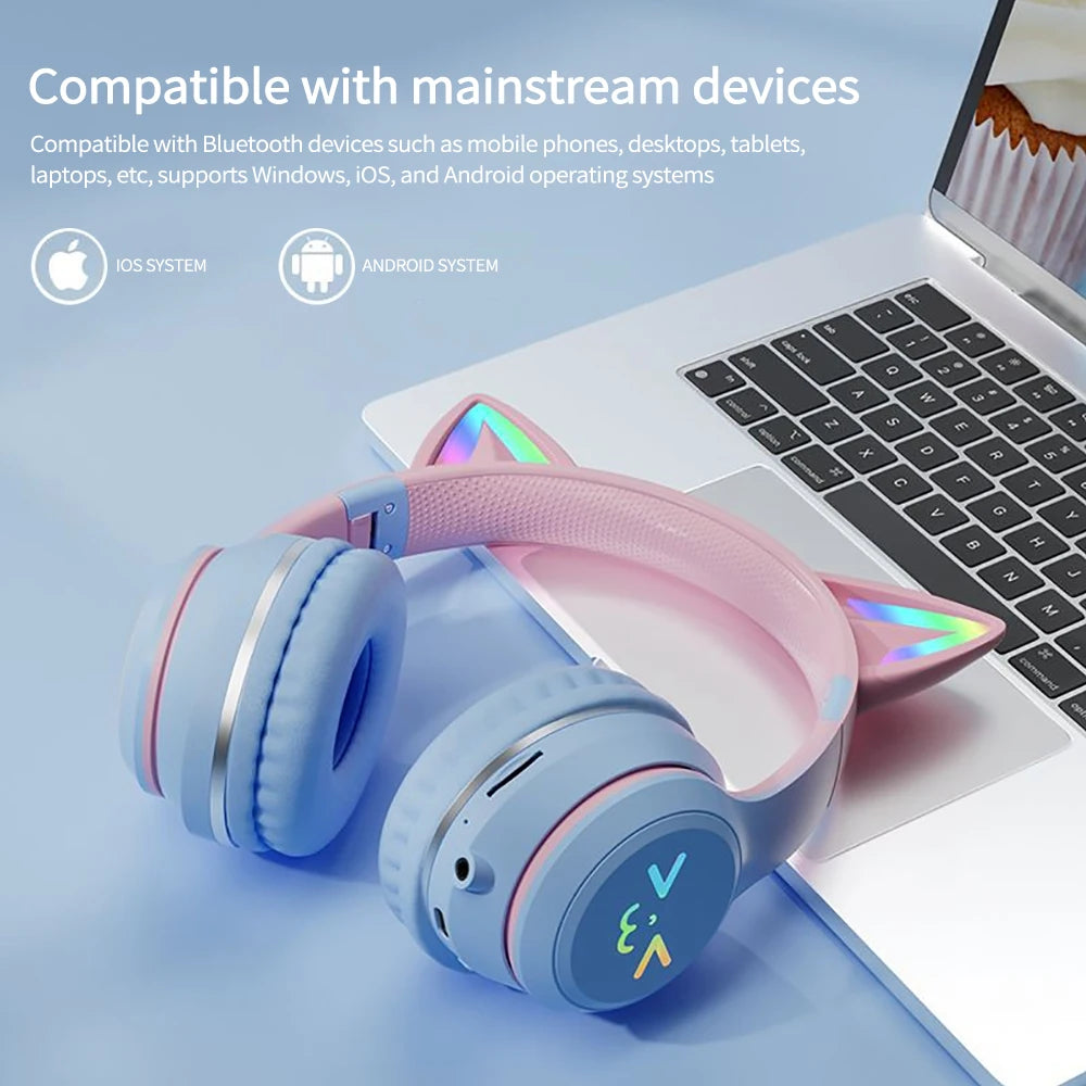 Gradient Wireless Headphones RGB Cute Cat Ear Bluetooth Earphones with Microphone