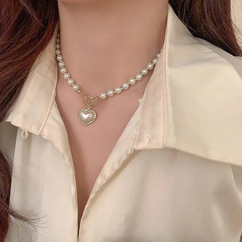 Women Heart Pendant Pearl Necklace