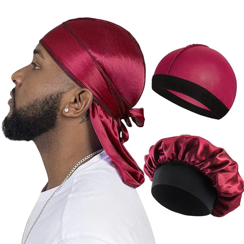 Silky Satin Durag Long Tail Wave Cap – 3PCS Unisex Turban Bonnet
