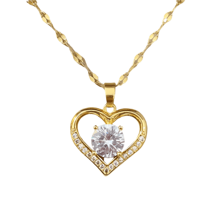 Artificial Gems Heart Pendant Stainless Steel Necklace