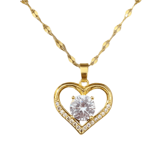 Artificial Gems Heart Pendant Stainless Steel Necklace