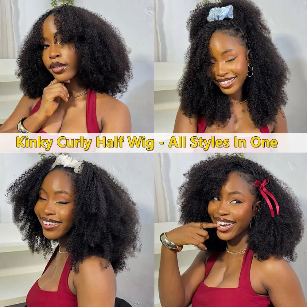 3-in-1 Afro Kinky Curly Half Wig with Headband & Drawstring