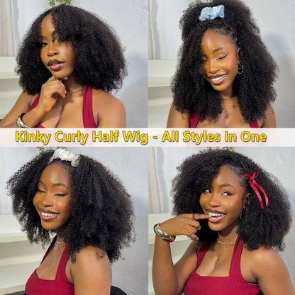 3-in-1 Afro Kinky Curly Half Wig with Headband & Drawstring