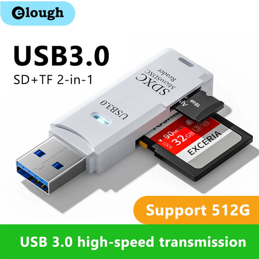 SD and TF card reader with USB 3.0 connection on a white background