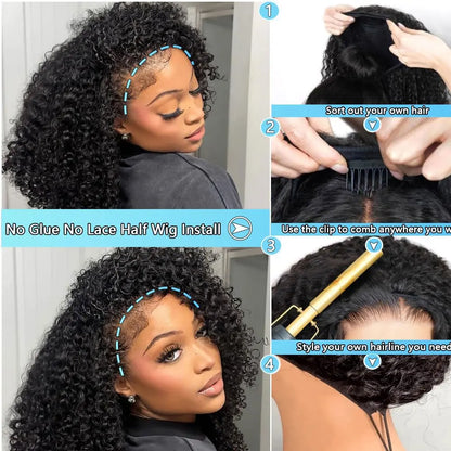 3-in-1 Afro Kinky Curly Half Wig with Headband & Drawstring