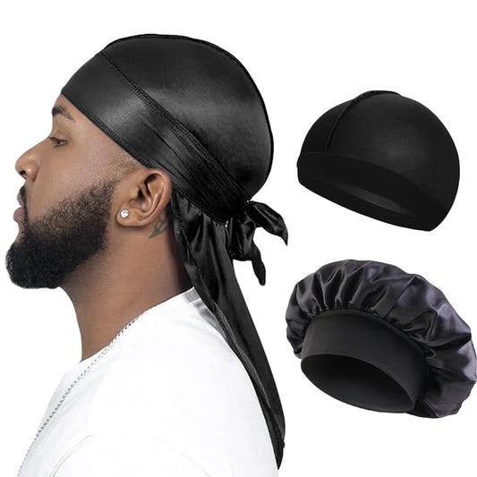 Silky Satin Durag Long Tail Wave Cap – 3PCS Unisex Turban Bonnet
