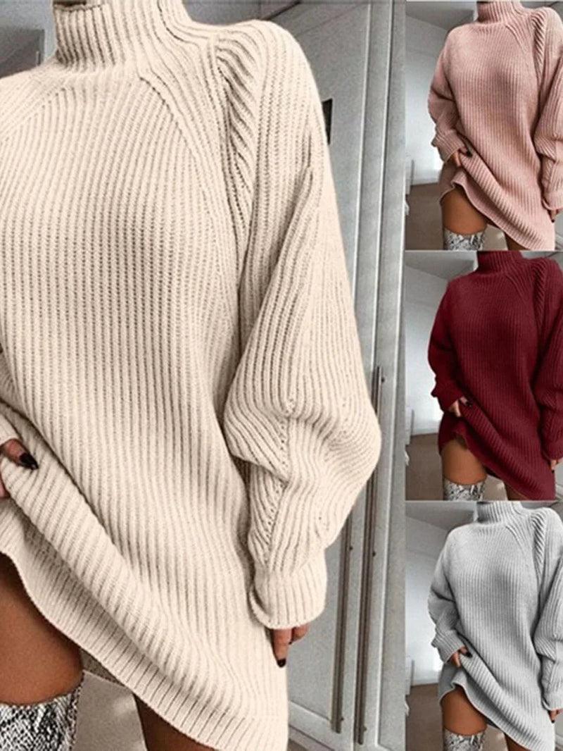 Women Turtleneck Oversized Knitted Dress Clothes