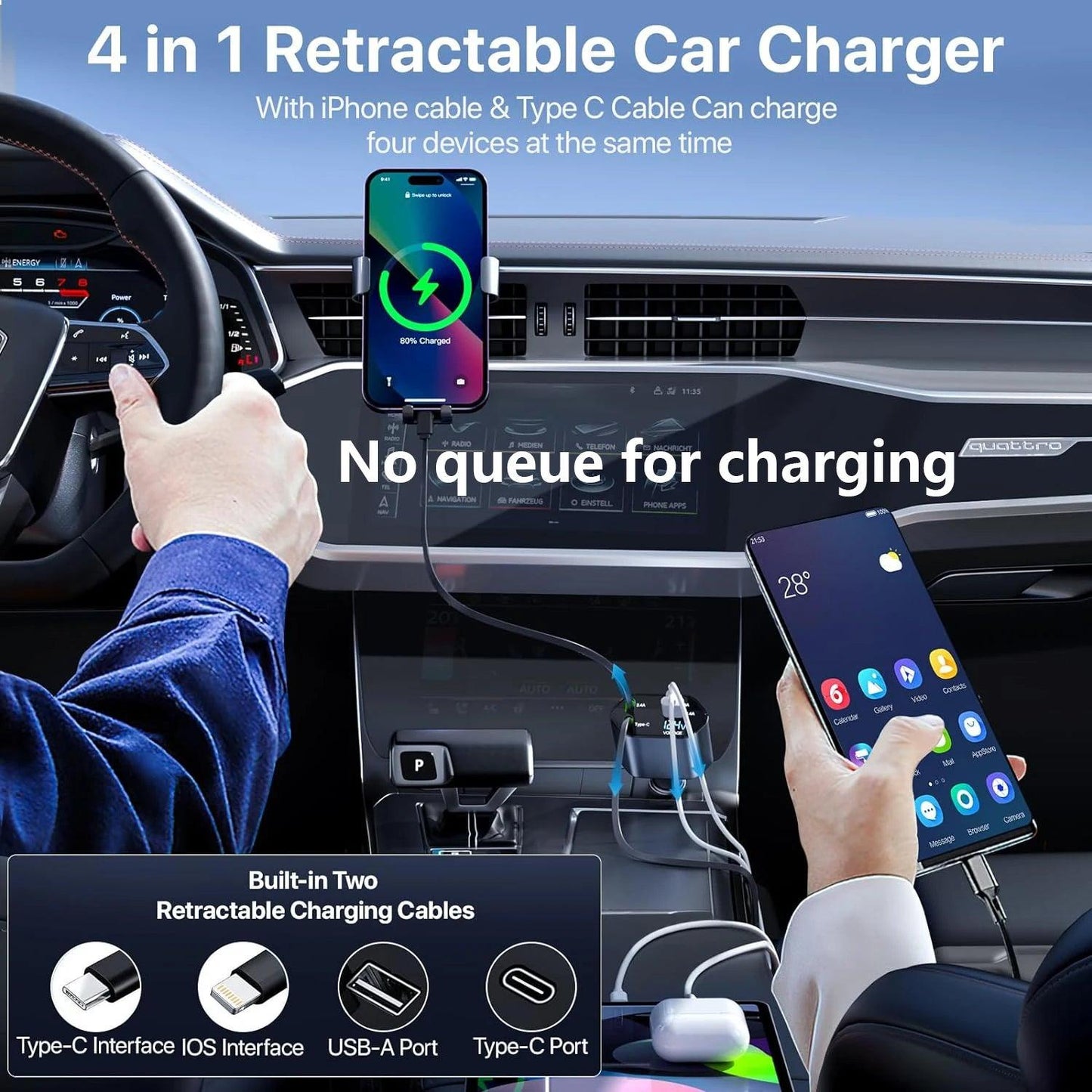 Retractable 4-In-1 Car Phone Charger