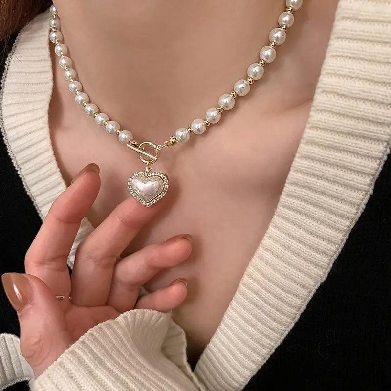 Women Heart Pendant Pearl Necklace