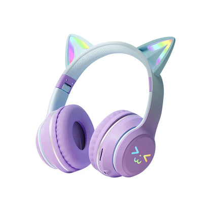 Gradient Wireless Headphones RGB Cute Cat Ear Bluetooth Earphones with Microphone