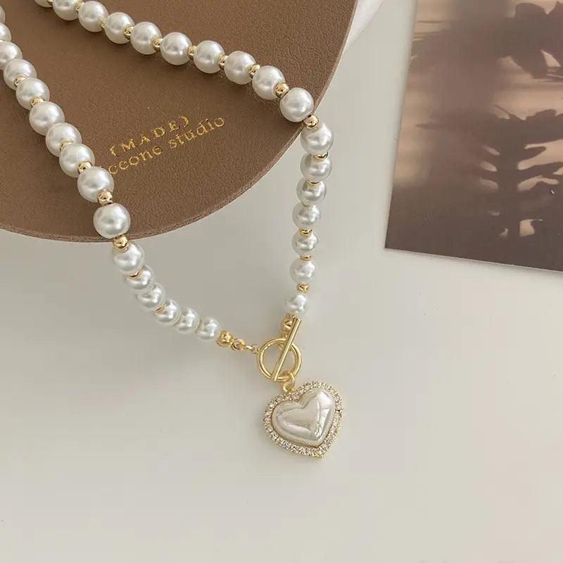 Women Heart Pendant Pearl Necklace
