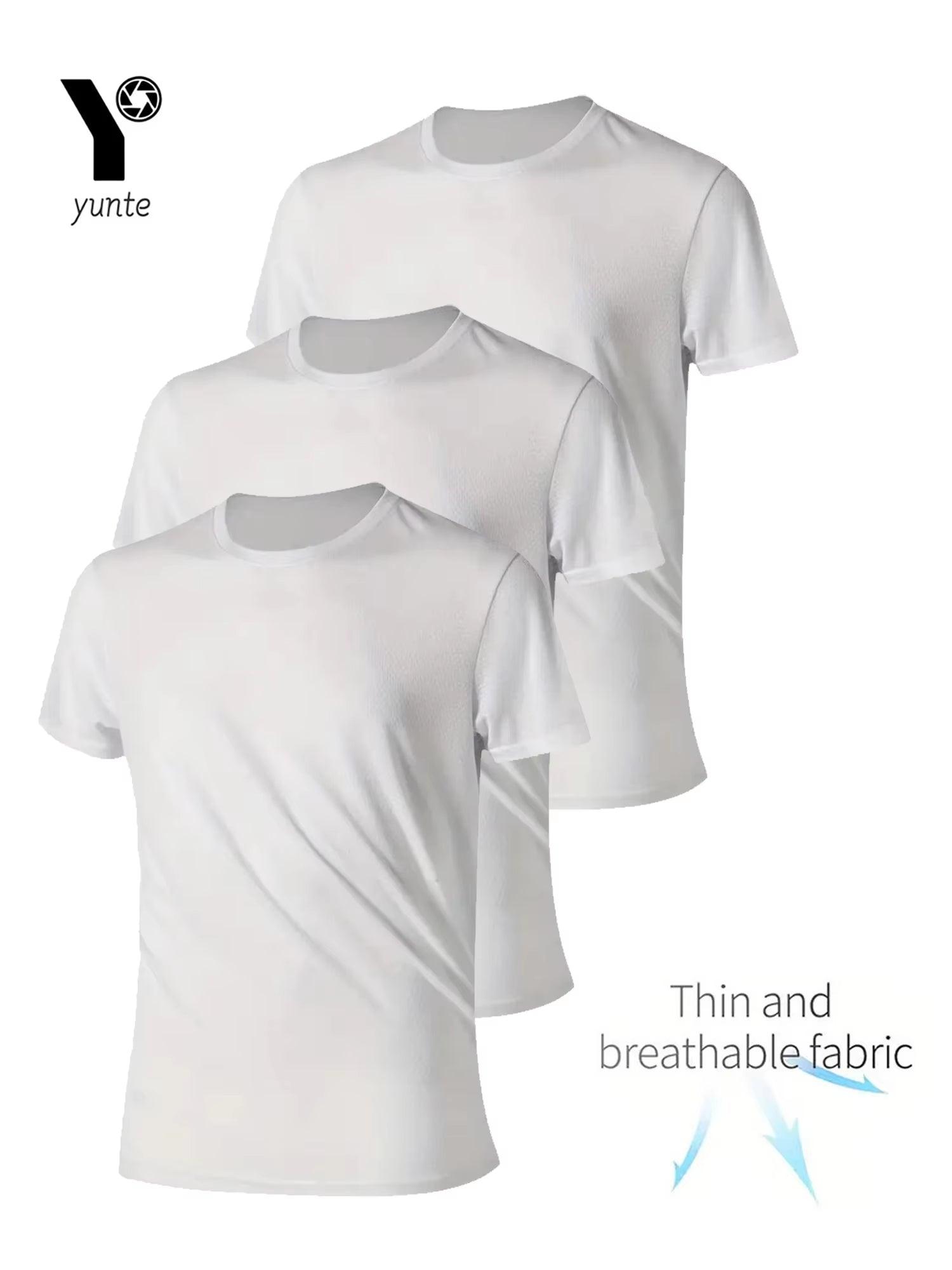 Round Neck T-Shirt 3-Piece White Ultra-Light Men'S Quick-Drying Breathable Sweat-Absorbent Shirt Suitable for Fitness Gym and Ru