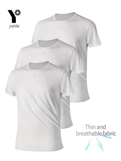 Round Neck T-Shirt 3-Piece White Ultra-Light Men'S Quick-Drying Breathable Sweat-Absorbent Shirt Suitable for Fitness Gym and Ru