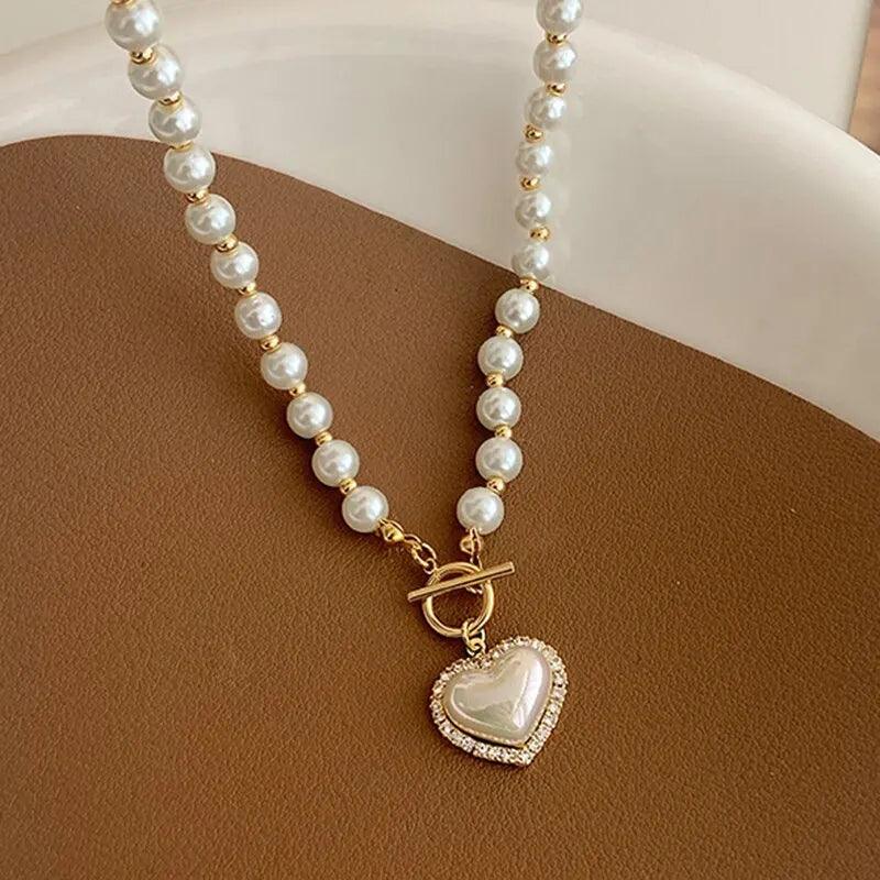 Women Heart Pendant Pearl Necklace
